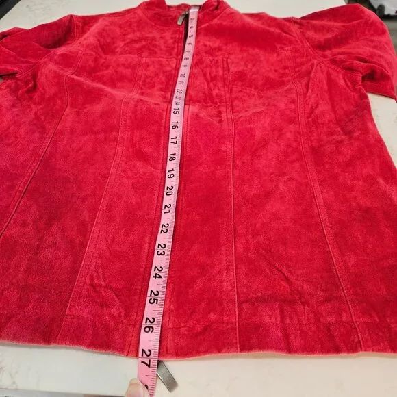 Chicos Red Suede Leather Jacket Size 2 Large Double Zip Flaw Work Jacket Lined - Picture 10 of 10